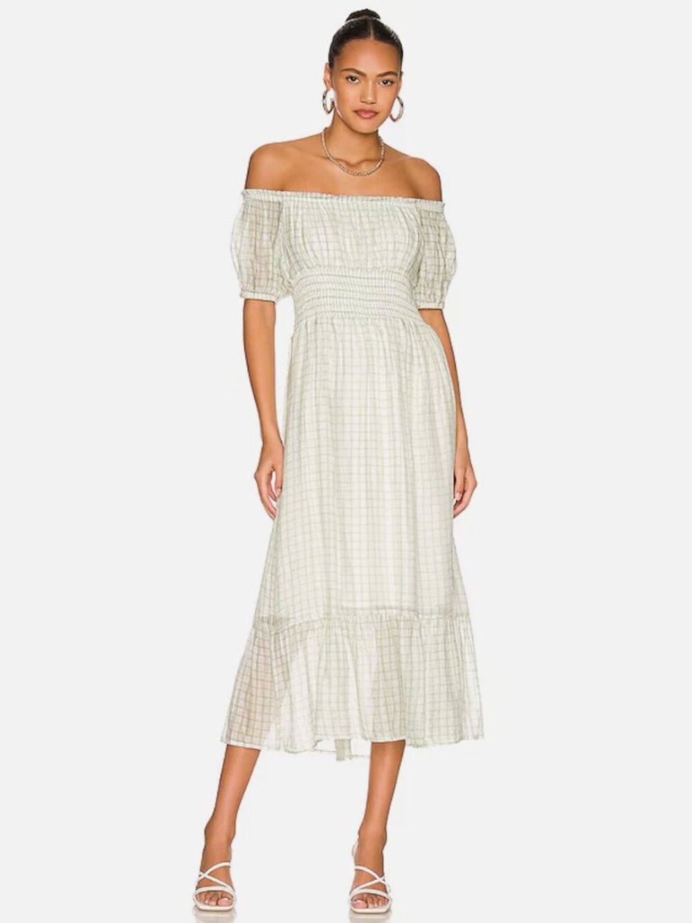 MINKPINK Sage Green Off Shoulder Smocked Midi Dress Small